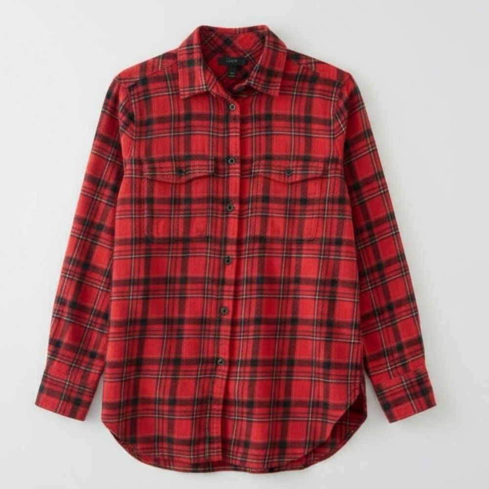 J.Crew Boyfriend Flannel Red Black Plaid Button-Up Shirt Womens 0 | 100% Cotton